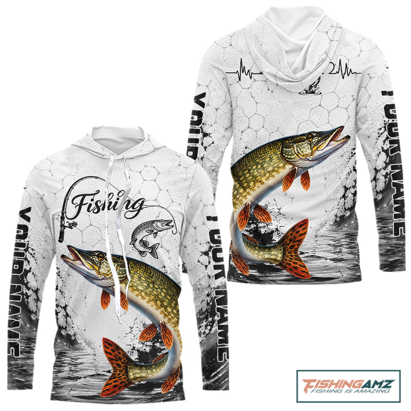 Custom Name Northern Pike Fishing Long Sleeve Hooded Performance Shirt, Pike Gift For Men 