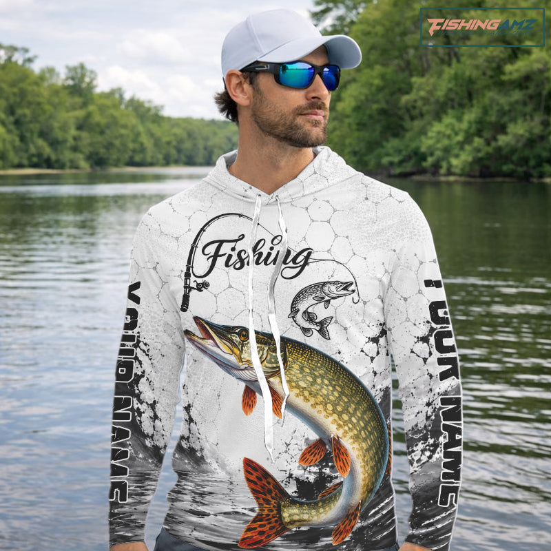 Custom Name Northern Pike Fishing Long Sleeve Hooded Performance Shirt, Pike Gift For Men 