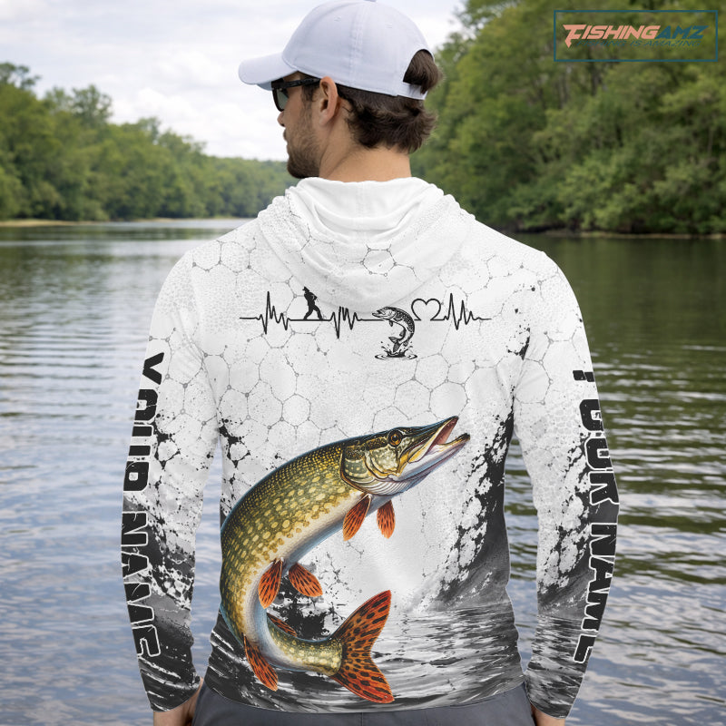 Custom Name Northern Pike Fishing Long Sleeve Hooded Performance Shirt, Pike Gift For Men 