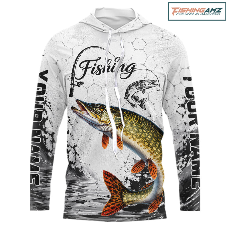 Custom Name Northern Pike Fishing Long Sleeve Hooded Performance Shirt, Pike Gift For Men 