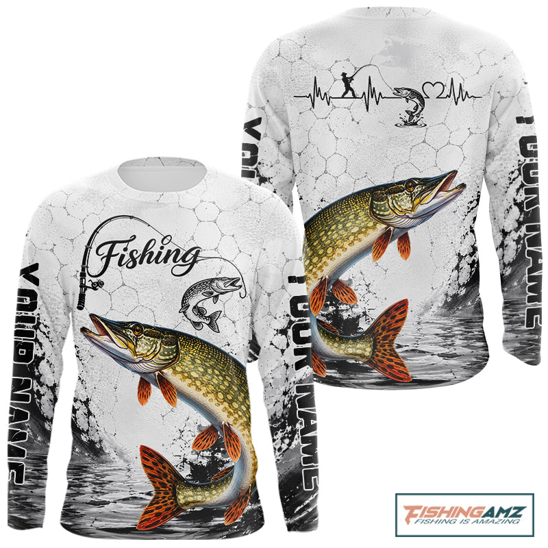 design Custom Name Northern Pike Fishing Long Sleeve Performance Shirt, Pike Gift For Men 