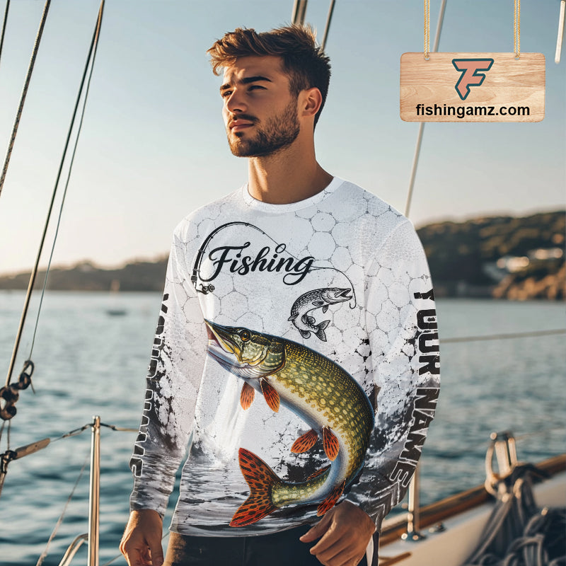 Man Wearing design Custom Name Northern Pike Fishing Long Sleeve Performance Shirt, Pike Gift For Men 