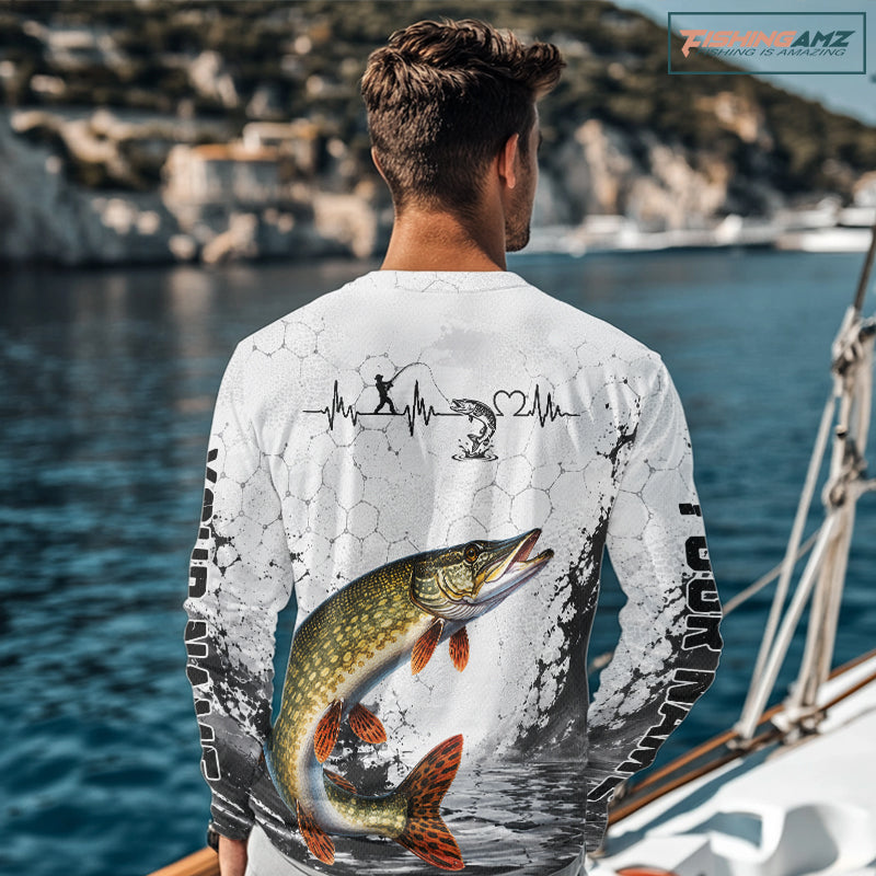Man Wearing design Custom Name Northern Pike Fishing Long Sleeve Performance Shirt, Pike Gift For Men 