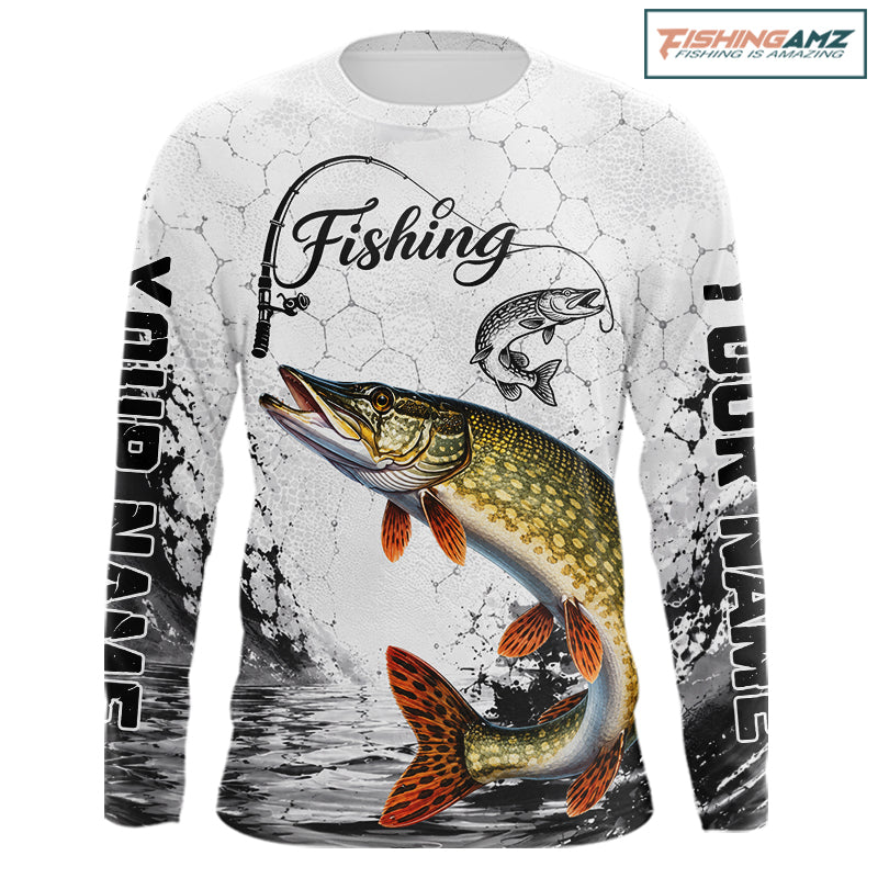 design Custom Name Northern Pike Fishing Long Sleeve Performance Shirt, Pike Gift For Men 