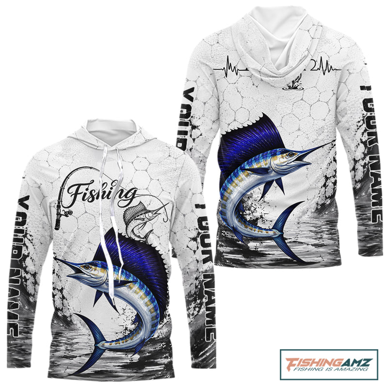 Custom Name Sailfish Fishing Long Sleeve Hooded Performance Shirt, Sailfish Gift For Men 