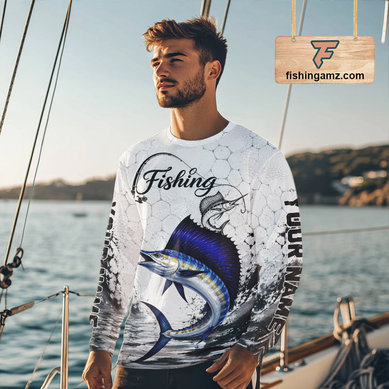 Design Saltwater Fishing shirt Custom Name Sailfish Fishing Long Sleeve Performance Shirt, Sailfish Gift For Men 