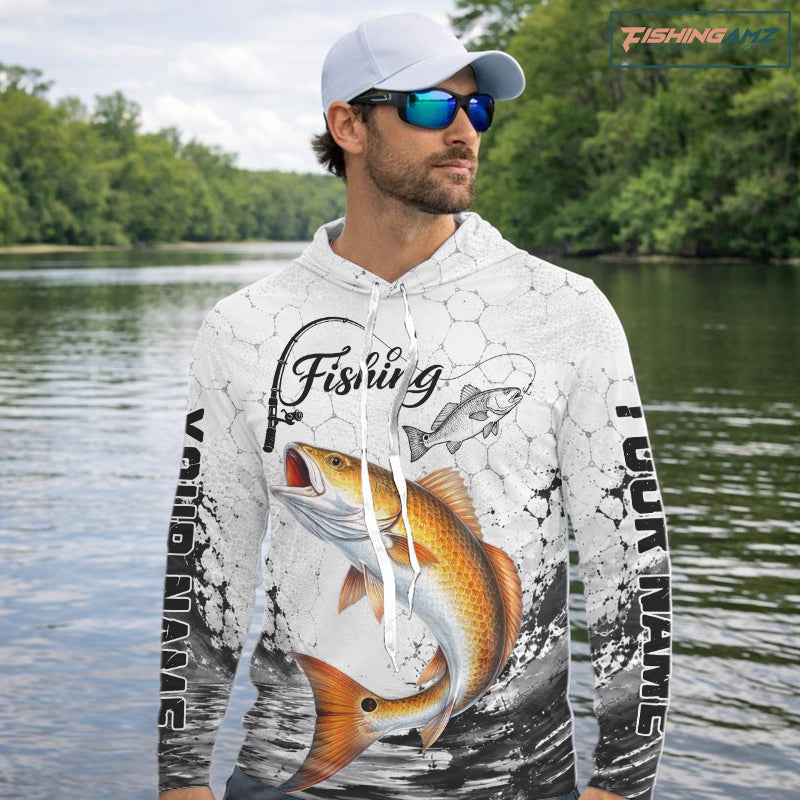 Custom Name Redfish Fishing Long Sleeve Hooded Performance Shirt, Red Drum Gift For Men 