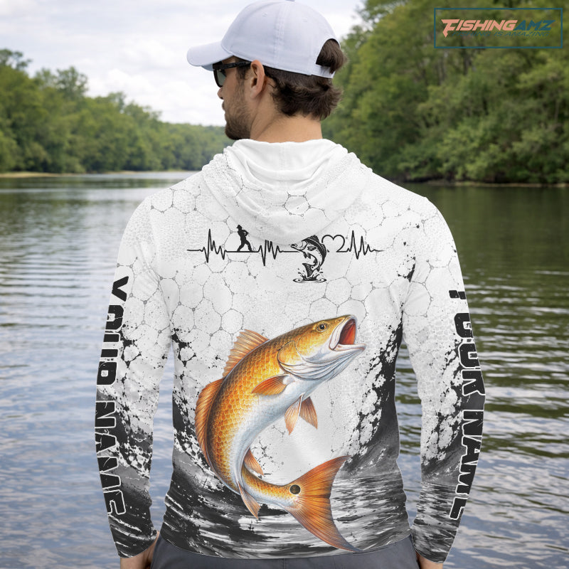 Custom Name Redfish Fishing Long Sleeve Hooded Performance Shirt, Red Drum Gift For Men 