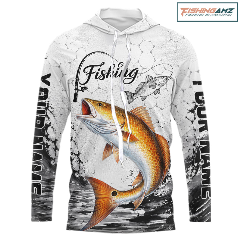 Custom Name Redfish Fishing Long Sleeve Hooded Performance Shirt, Red Drum Gift For Men 