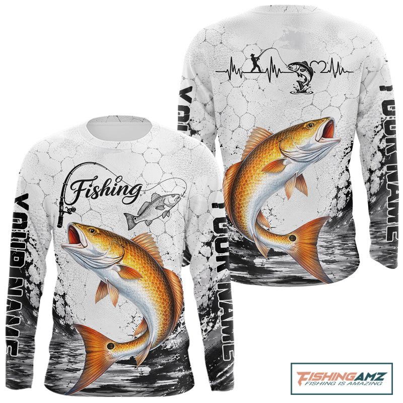 Design Saltwater Fishing Shirt Custom Name Redfish Fishing Long Sleeve Performance Shirt, Red Drum Gift For Men