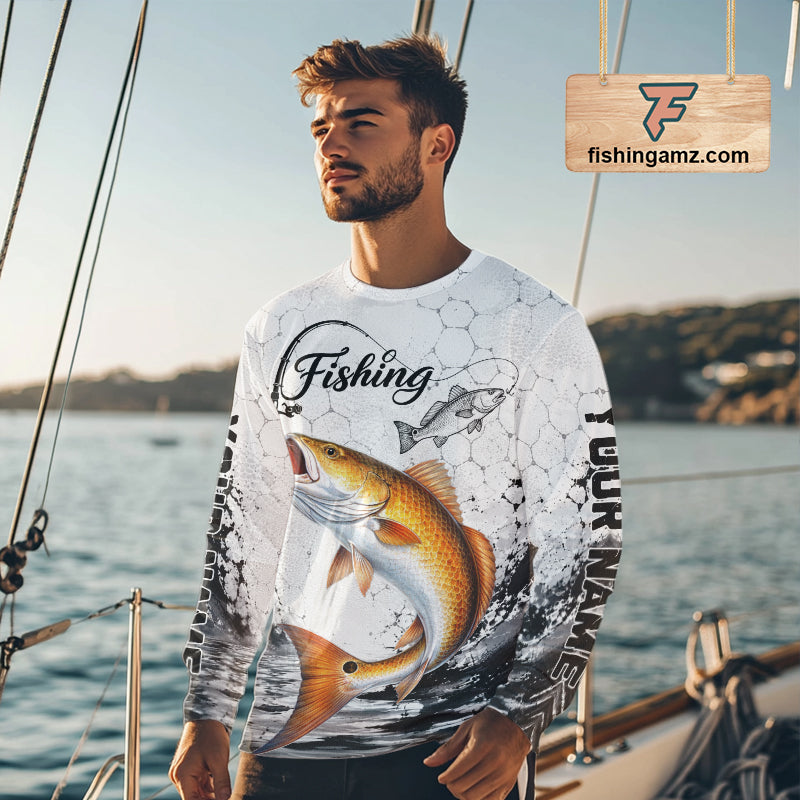 Man wearing Design Saltwater Fishing Shirt Custom Name Redfish Fishing Long Sleeve Performance Shirt, Red Drum Gift For Men