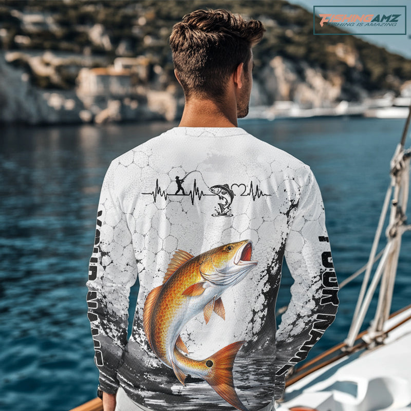 Man wearing Design Saltwater Fishing Shirt Custom Name Redfish Fishing Long Sleeve Performance Shirt, Red Drum Gift For Men
