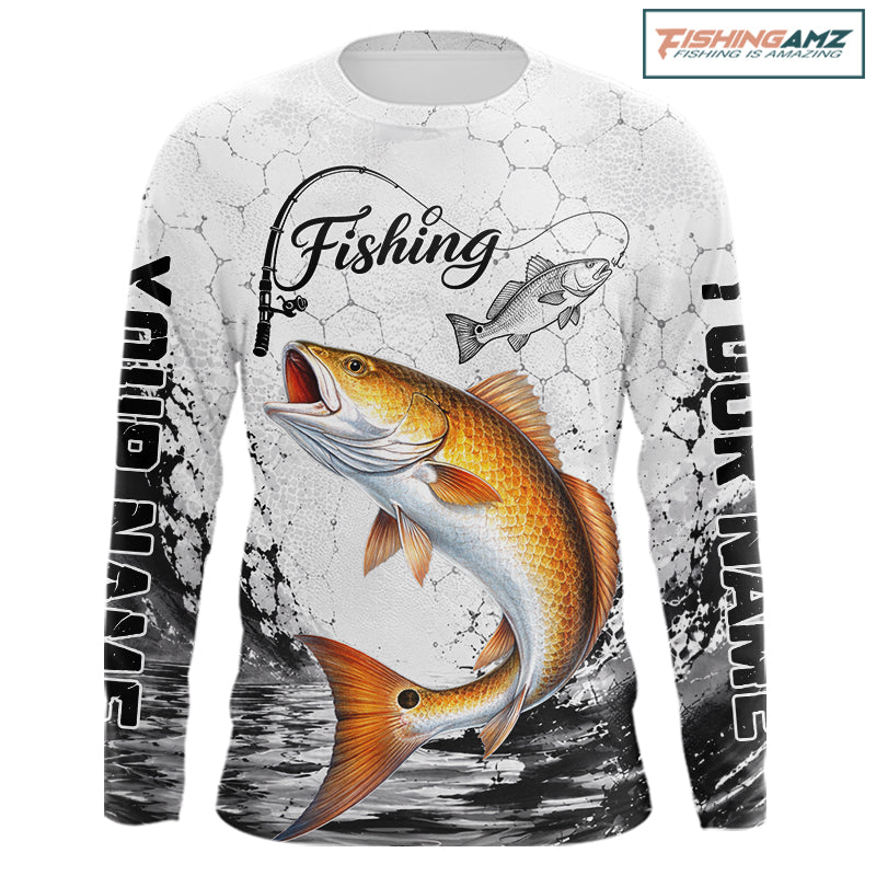 Design Saltwater Fishing Shirt Custom Name Redfish Fishing Long Sleeve Performance Shirt, Red Drum Gift For Men