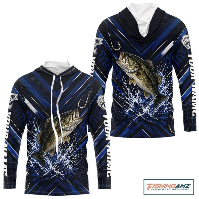 Blue Largemouth Bass Hooded Fishing Shirt Long Sleeve, Personalized Fishing Jersey, Custom Team Fishing Apparel NHT1581