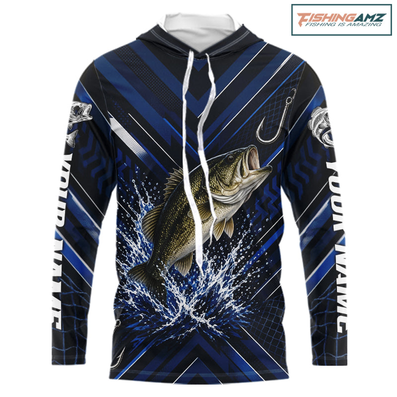 Blue Largemouth Bass Hooded Fishing Shirt Long Sleeve, Personalized Fishing Jersey, Custom Team Fishing Apparel NHT1581