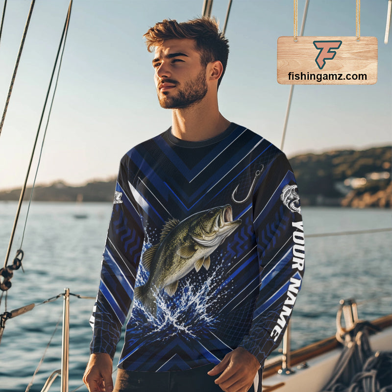 Blue Largemouth Bass Fishing Shirt Long Sleeve, Personalized Fishing Jersey, Custom Team Fishing Apparel NHT1581
