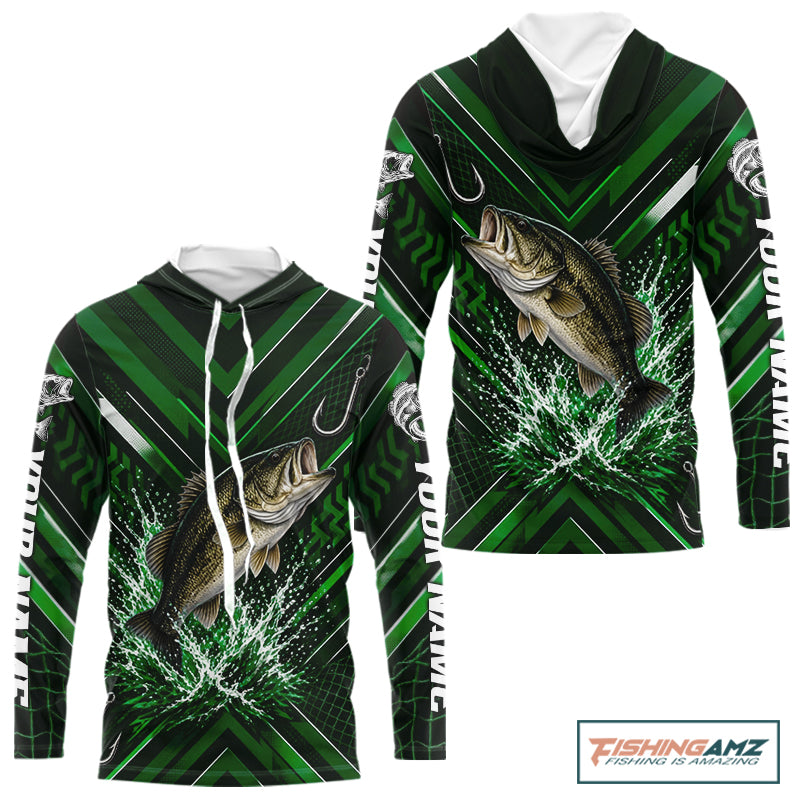 Green Largemouth Bass Hooded Fishing Shirt Long Sleeve, Personalized Fishing Jersey, Custom Team Fishing Apparel NHT1582