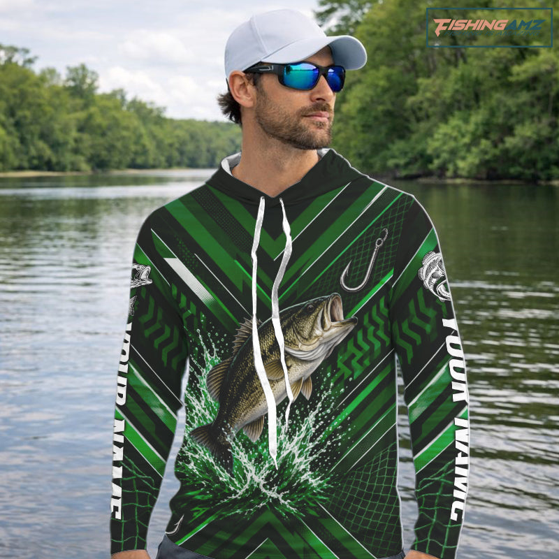 Green Largemouth Bass Hooded Fishing Shirt Long Sleeve, Personalized Fishing Jersey, Custom Team Fishing Apparel NHT1582