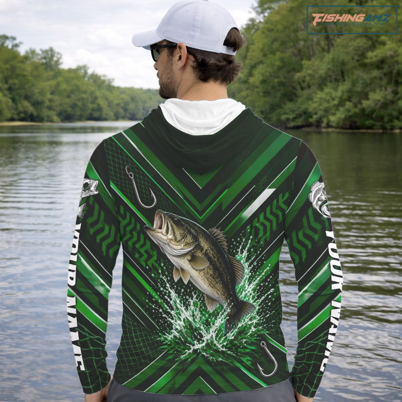 Green Largemouth Bass Hooded Fishing Shirt Long Sleeve, Personalized Fishing Jersey, Custom Team Fishing Apparel NHT1582