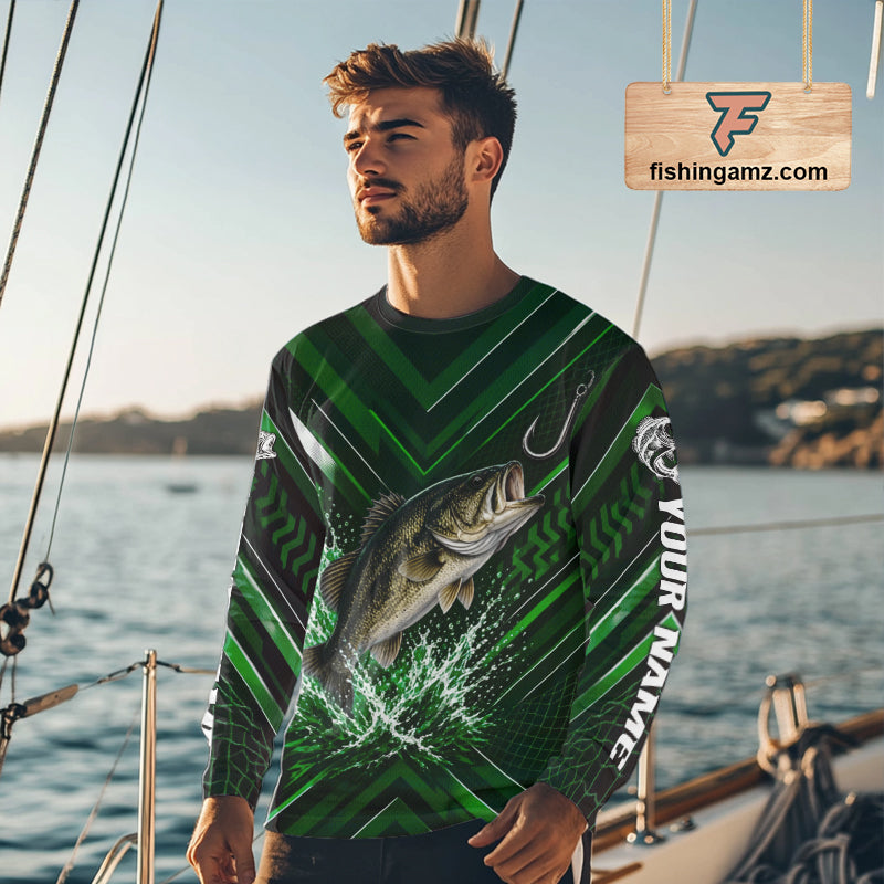 Green Largemouth Bass Fishing Shirt Long Sleeve, Personalized Fishing Jersey, Custom Team Fishing Apparel NHT1582