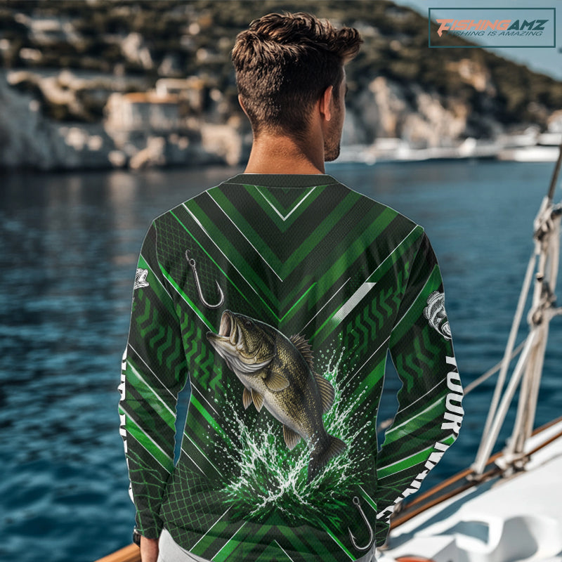 Green Largemouth Bass Fishing Shirt Long Sleeve, Personalized Fishing Jersey, Custom Team Fishing Apparel NHT1582