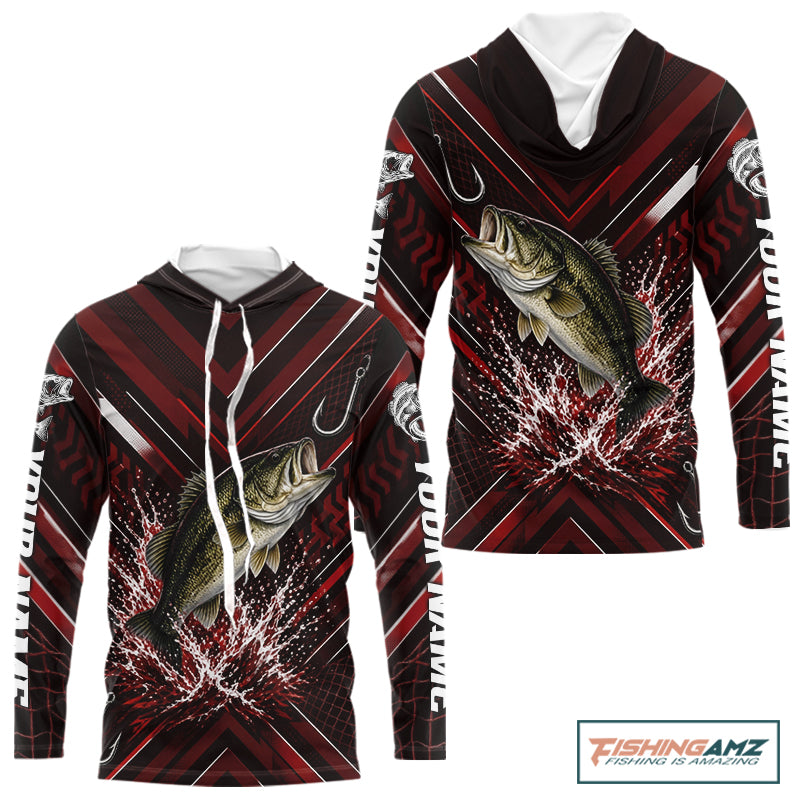 Red Largemouth Bass Hooded Fishing Shirt Long Sleeve, Personalized Fishing Jersey, Custom Team Fishing Apparel NHT1583