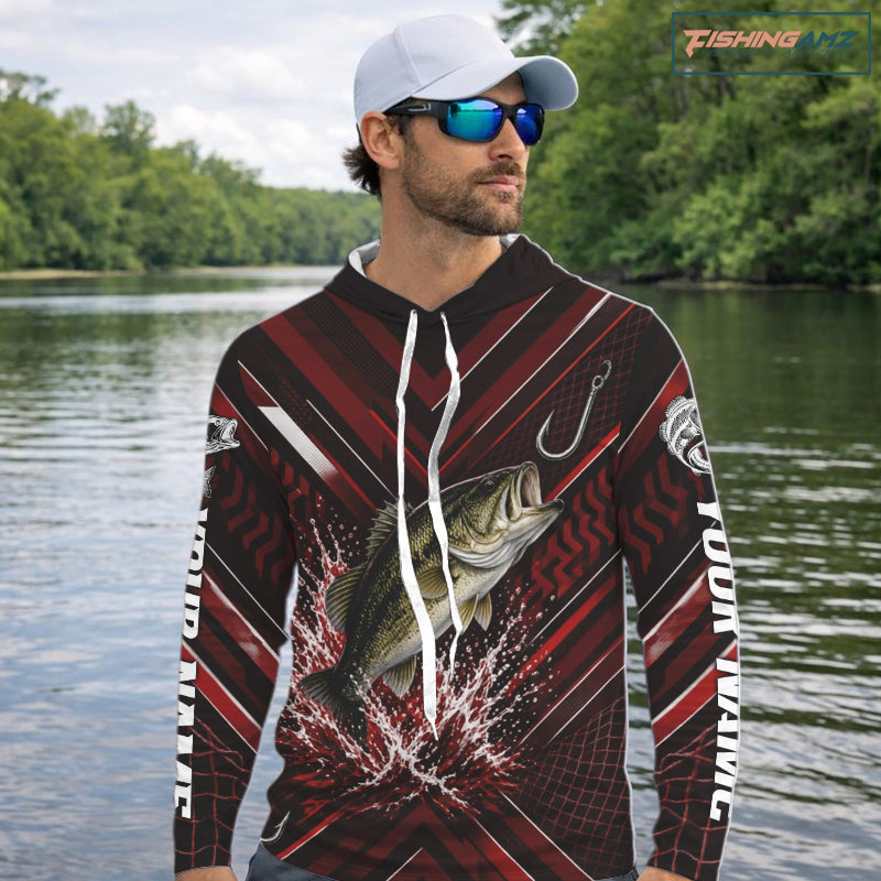 Red Largemouth Bass Hooded Fishing Shirt Long Sleeve, Personalized Fishing Jersey, Custom Team Fishing Apparel NHT1583