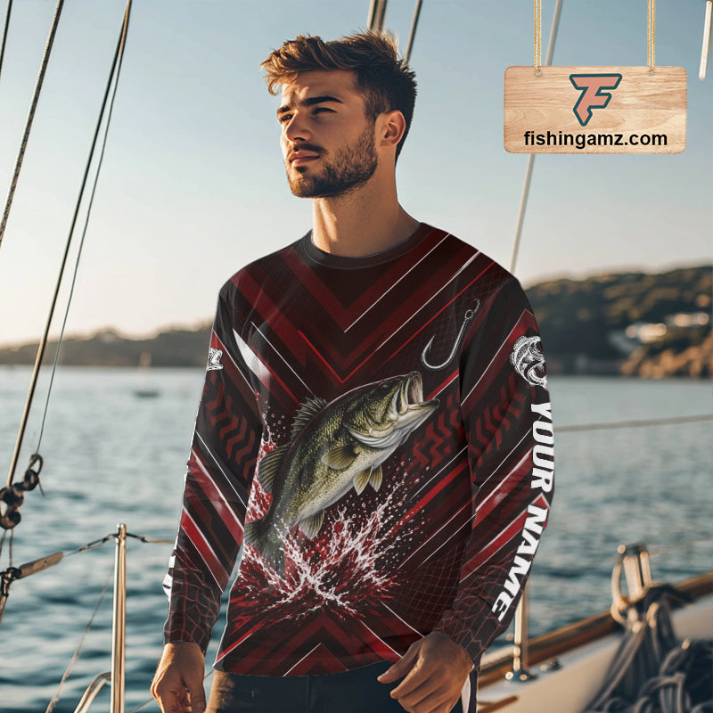 Red Largemouth Bass Fishing Shirt Long Sleeve, Personalized Fishing Jersey, Custom Team Fishing Apparel NHT1583