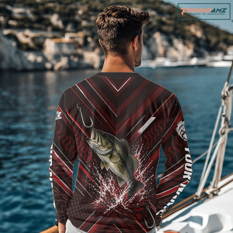 Red Largemouth Bass Fishing Shirt Long Sleeve, Personalized Fishing Jersey, Custom Team Fishing Apparel NHT1583