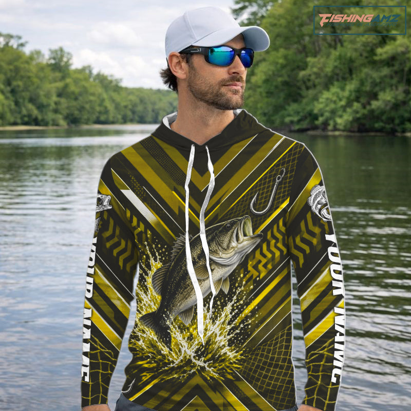 Yellow Largemouth Bass Hooded Fishing Shirt Long Sleeve, Personalized Fishing Jersey, Custom Team Fishing Apparel NHT1584