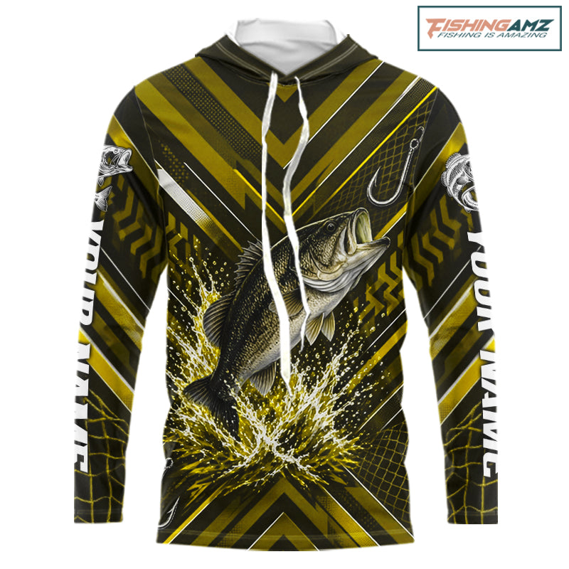 Yellow Largemouth Bass Hooded Fishing Shirt Long Sleeve, Personalized Fishing Jersey, Custom Team Fishing Apparel NHT1584