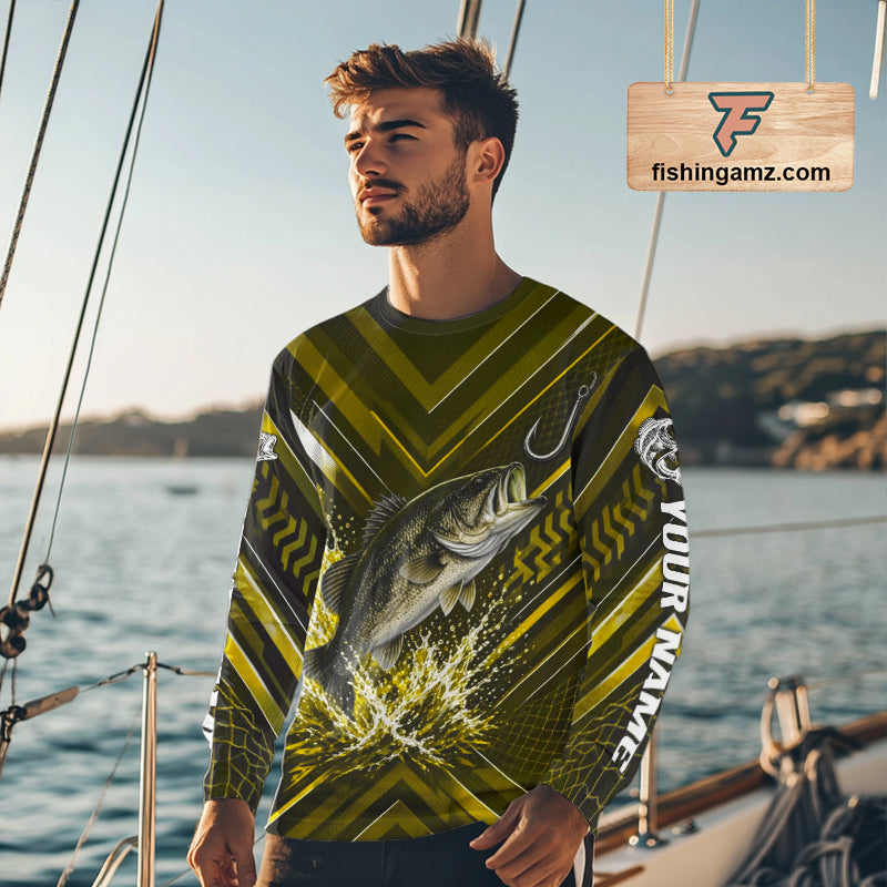 Yellow Largemouth Bass Fishing Shirt Long Sleeve, Personalized Fishing Jersey, Custom Team Fishing Apparel NHT1584