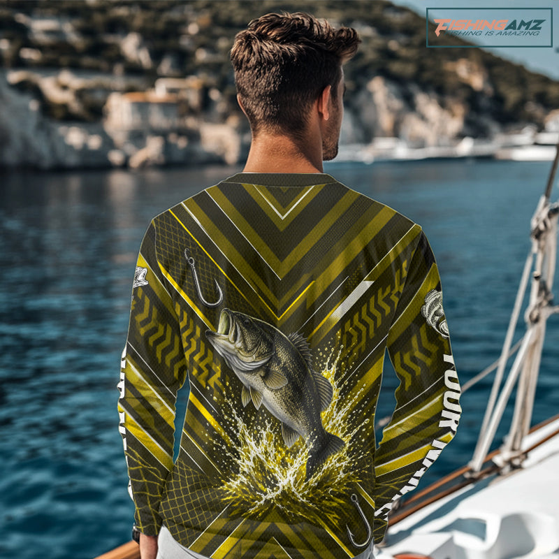 Yellow Largemouth Bass Fishing Shirt Long Sleeve, Personalized Fishing Jersey, Custom Team Fishing Apparel NHT1584