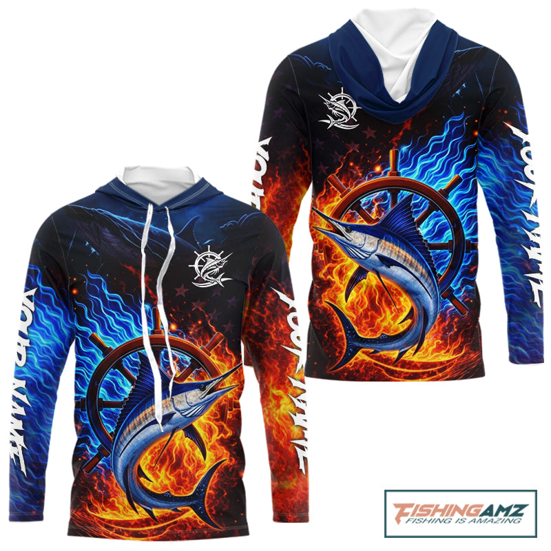 Marlin Fishing Shirt Long Sleeve Hooded Blue Fire Flame Smoke Personalized Name, Best Fishing Gift NHT427