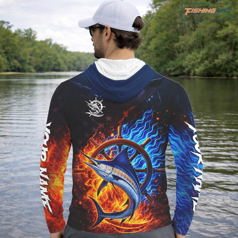 Marlin Fishing Shirt Long Sleeve Hooded Blue Fire Flame Smoke Personalized Name, Best Fishing Gift NHT427