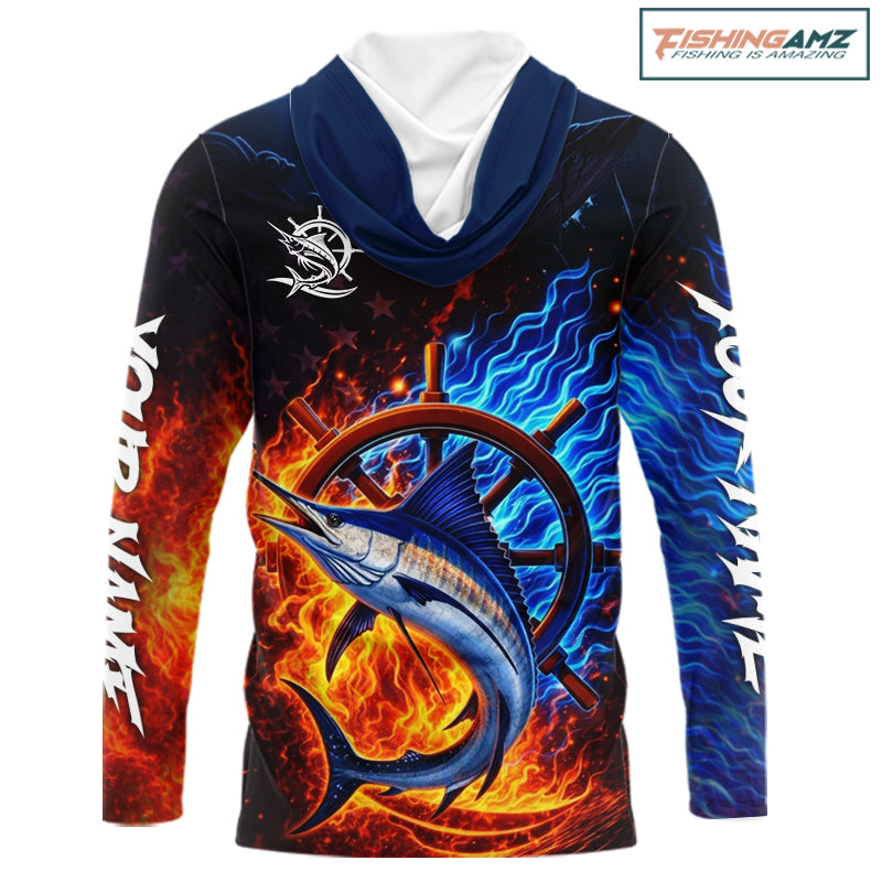 Marlin Fishing Shirt Long Sleeve Hooded Blue Fire Flame Smoke Personalized Name, Best Fishing Gift NHT427