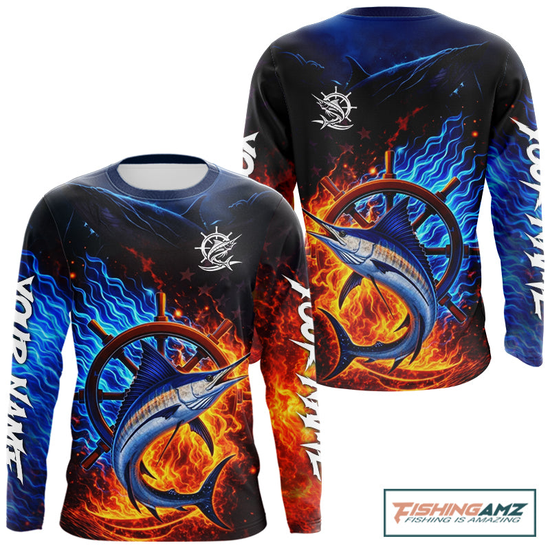 Marlin Fishing Shirt Long Sleeve Blue Fire Flame Smoke Personalized Name, Best Fishing Gift NHT427