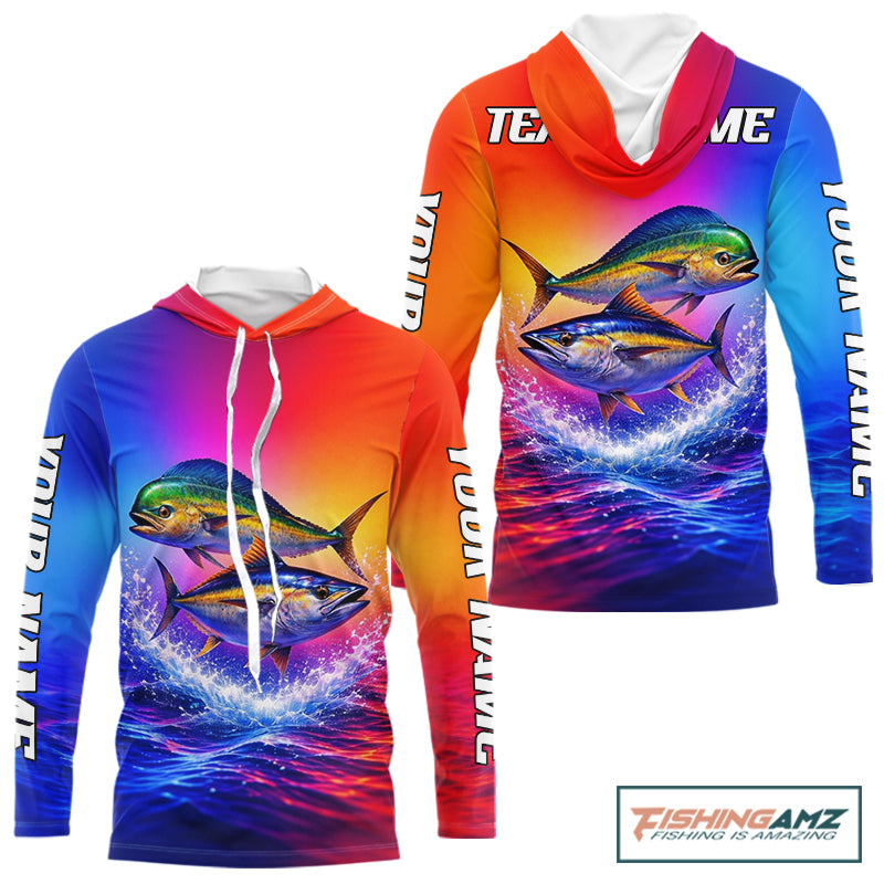 Personalized Mahi Mahi, Tuna Neon Performance Hooded Fishing Shirt, Offshore Tournament Shirts NHT599
