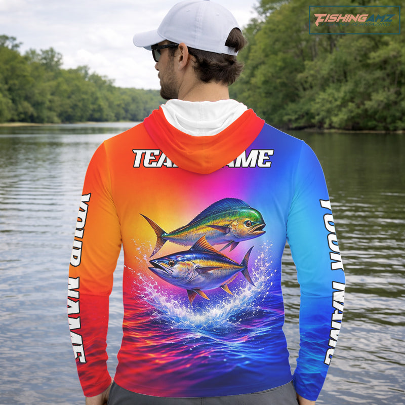 Personalized Mahi Mahi, Tuna Neon Performance Hooded Fishing Shirt, Offshore Tournament Shirts NHT599