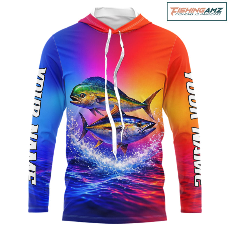 Personalized Mahi Mahi, Tuna Neon Performance Hooded Fishing Shirt, Offshore Tournament Shirts NHT599