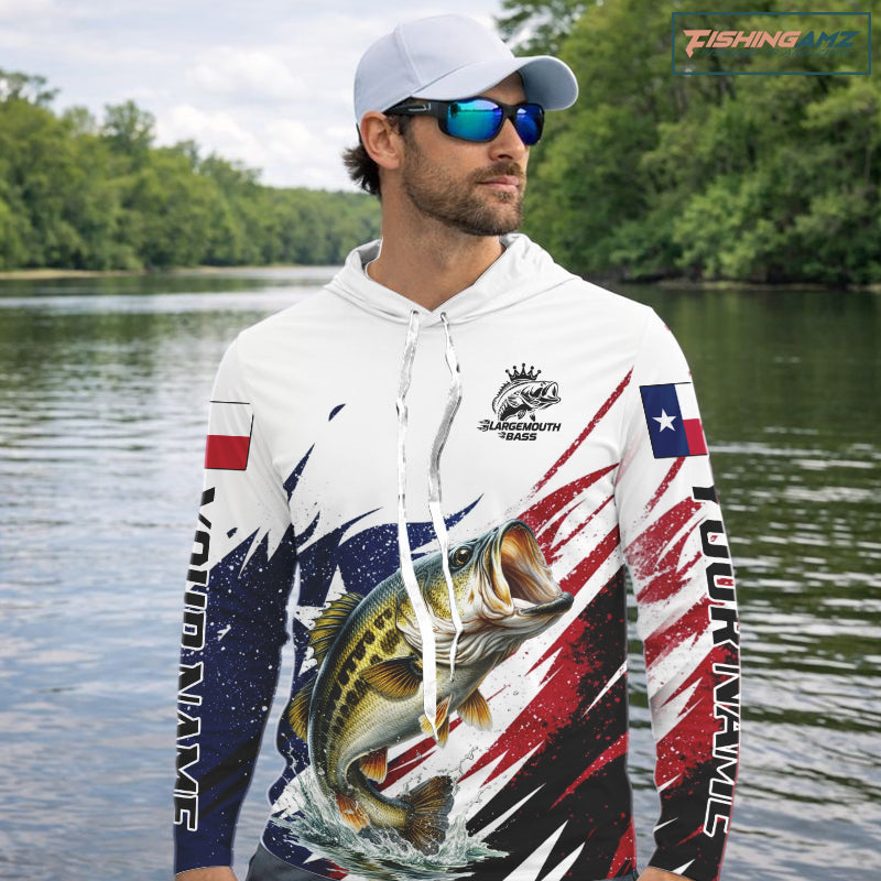 Custom Texas Flag Bass Fishing Shirts, Texas Bass Fishing Shirts Long Sleeve Hooded For Team NHT602
