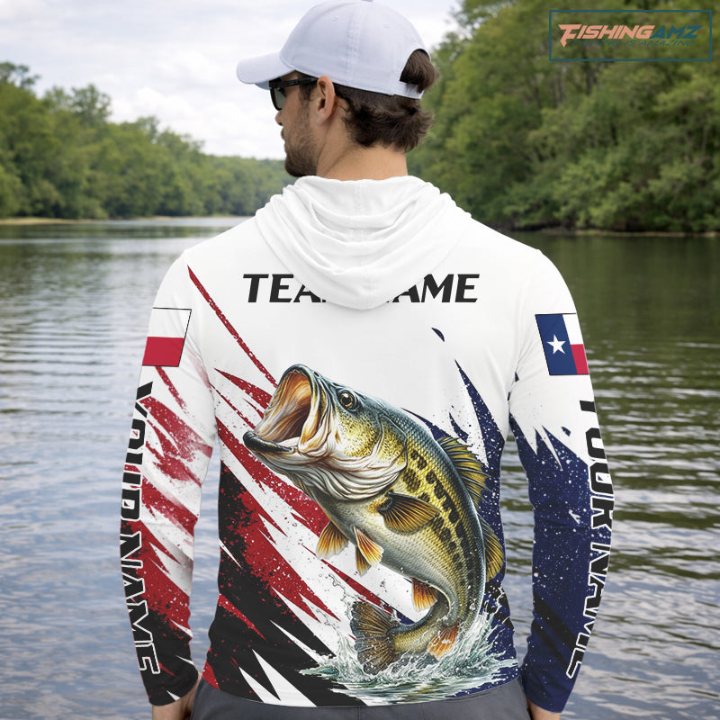 Custom Texas Flag Bass Fishing Shirts, Texas Bass Fishing Shirts Long Sleeve Hooded For Team NHT602