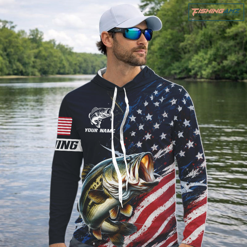Bass Fishing Shirt Long Sleeve Hooded USA Flag, Custom Name Jersey