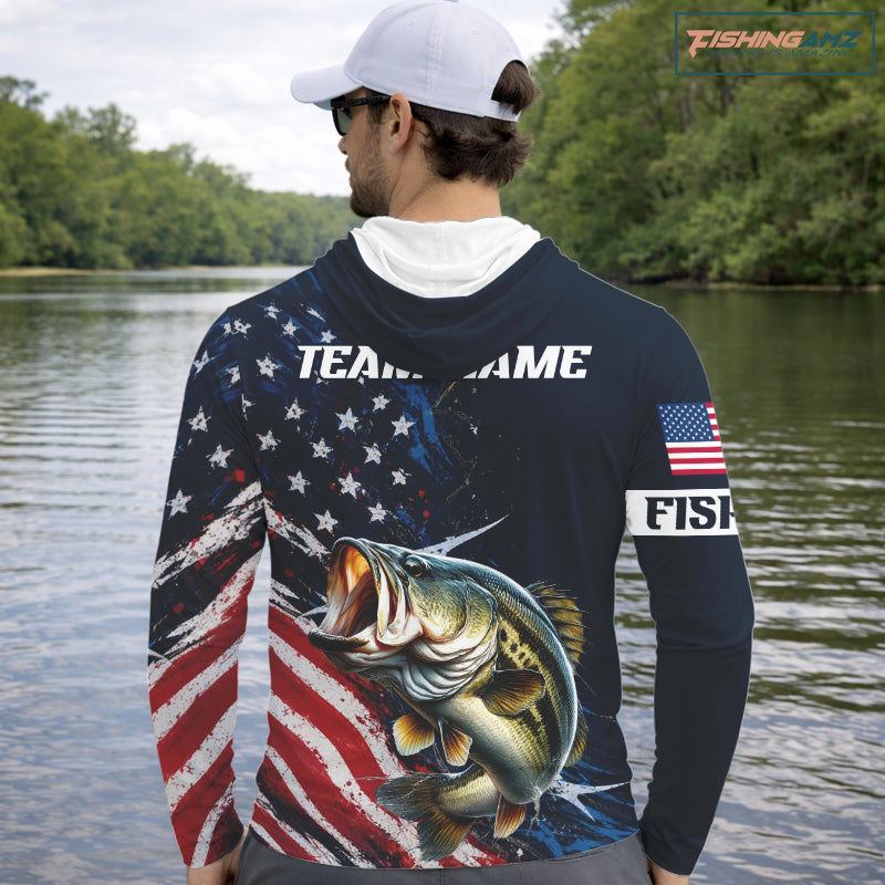 Bass Fishing Shirt Long Sleeve Hooded USA Flag, Custom Name Jersey