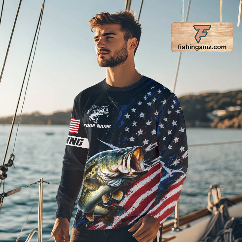 Bass Fishing Shirt Long Sleeve USA Flag, Custom Name Jersey