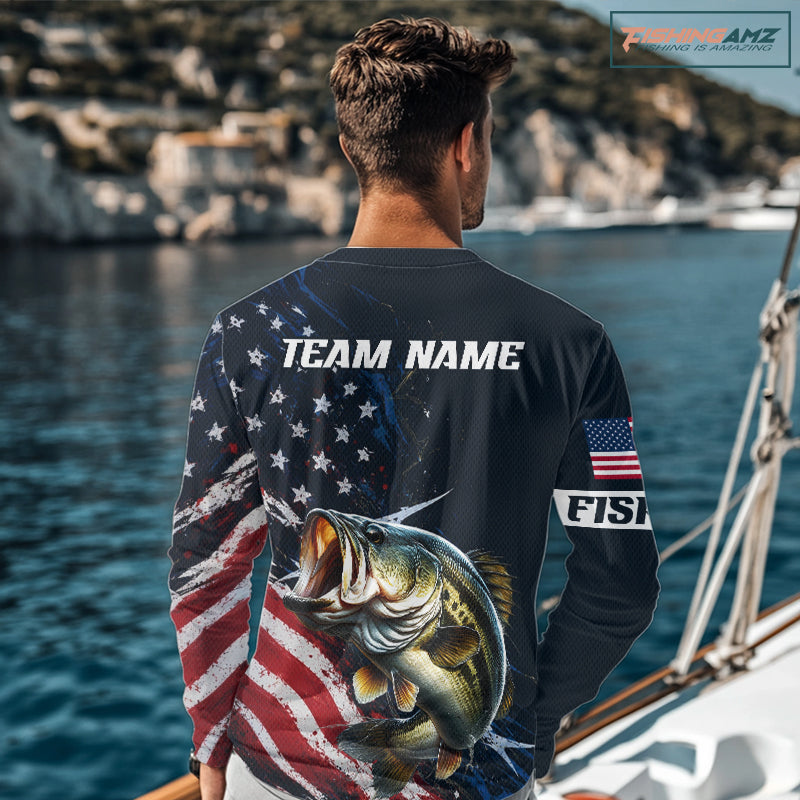 Bass Fishing Shirt Long Sleeve USA Flag, Custom Name Jersey