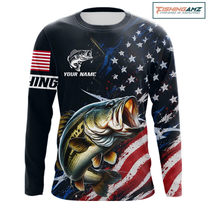 Bass Fishing Shirt Long Sleeve USA Flag, Custom Name Jersey