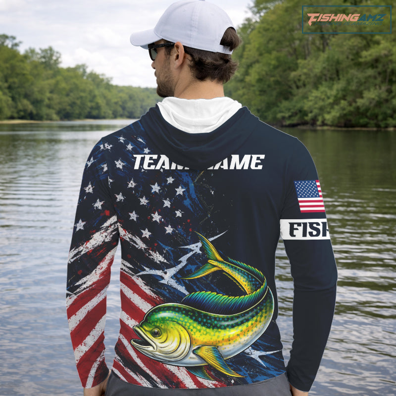 Mahi Mahi Fishing Shirt Long Sleeve Hooded USA Flag Custom Name Jersey