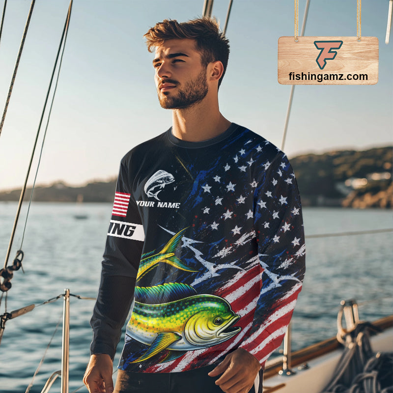 Mahi Mahi Fishing Shirt Long Sleeve USA Flag Custom Name Jersey