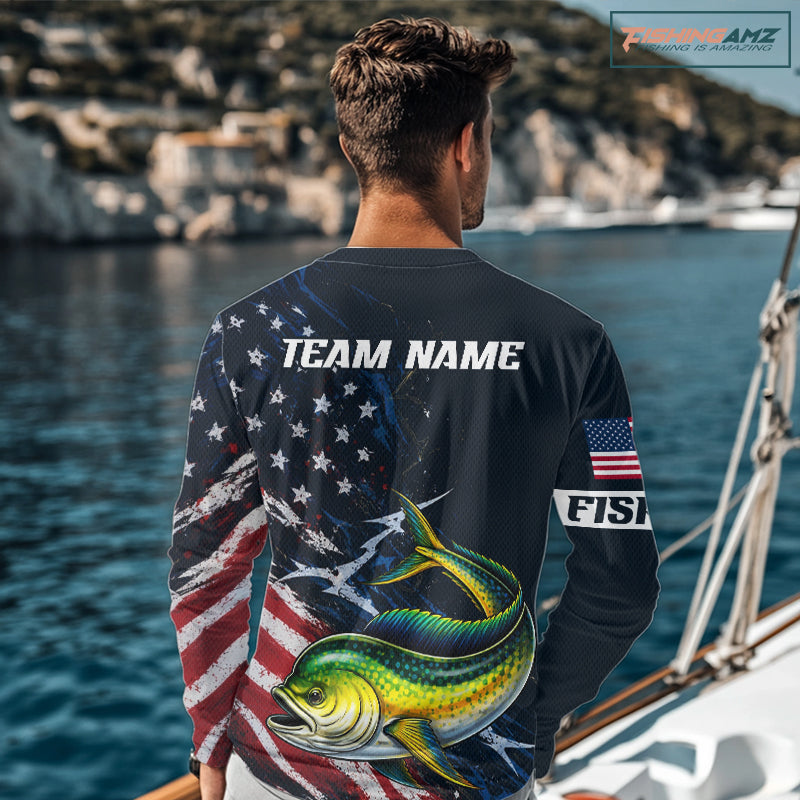 Mahi Mahi Fishing Shirt Long Sleeve USA Flag Custom Name Jersey